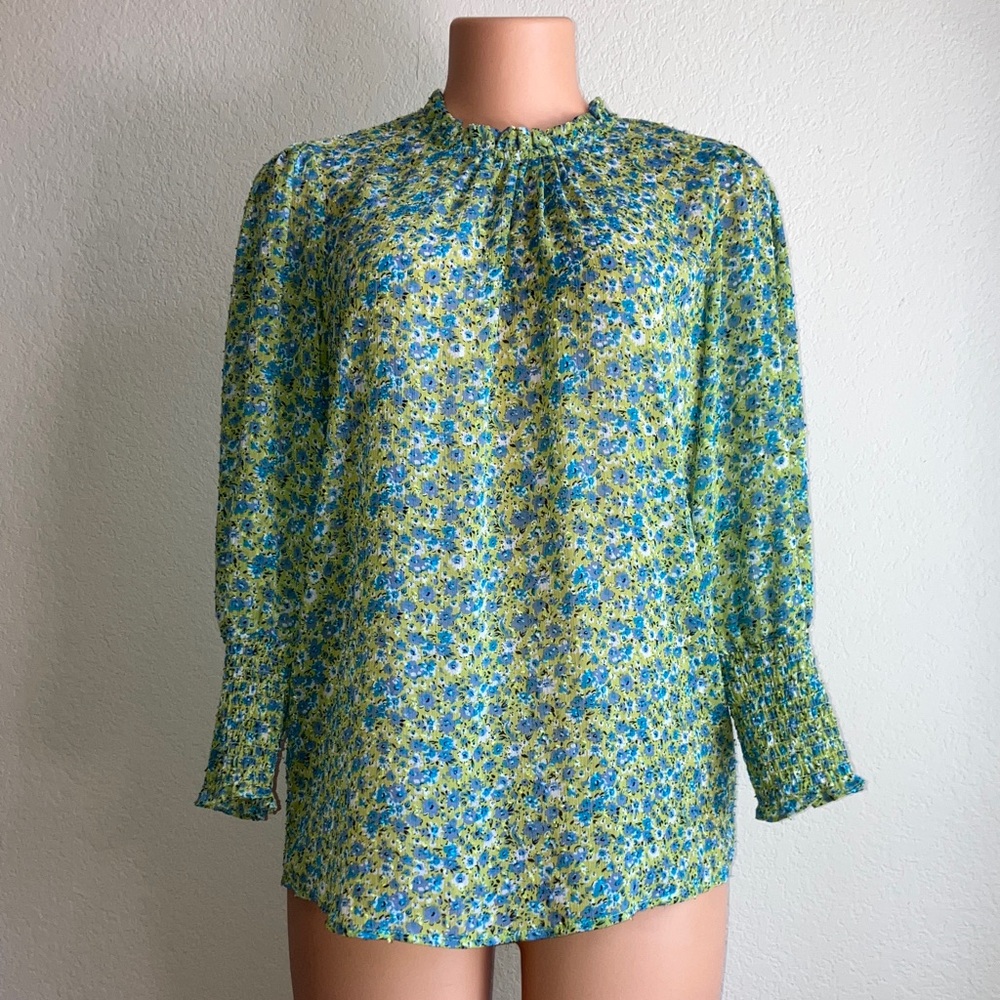 Rachel Zoe‎ Green and Blue Floral Sheer Chiffon Long Sleeve Blouse